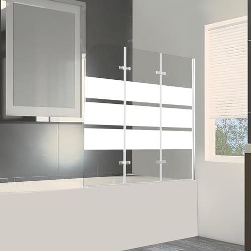 Daromigo Duschwand für Badewanne, 120x140cm Faltbar Duschwand Badewanne 3-Teilig,mit 6mm ESG Sicherheitsglas,Badewannen Duschwand Weiße Streifen,Glas Badewannenwand