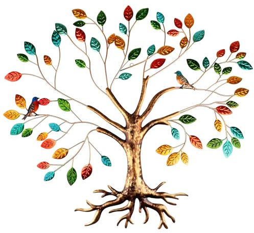 Fangoo Metall Baum des Lebens Wanddekoration Großer Baum des Lebens Wanddeko Metall Ausgestattet mit Bunten Blättern und Kolibris für Wohnzimmer Schlafzimmer und Gärten(55x66CM) (Life Tree)