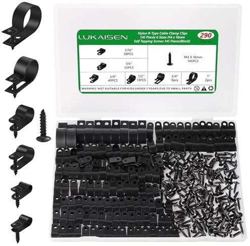 290 Stück R-Typ Kabelschellen, 6 Größen Nylon R Clip, Kabelhalter Schwarz, 4.7/6.3/9.5/12.7/19/25.4mm Kabelklemmen, Kunststoff Kabel Klemmen für Büro Zuhause Draht Kabelführung Kabelbefestigung