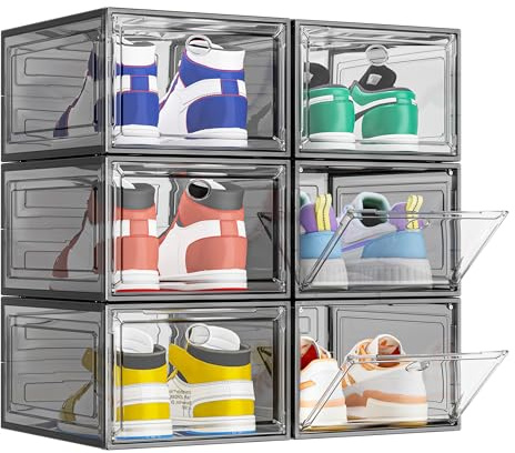 TidyTrove Schuhboxen stapelbar, 6 Stück Schuhboxen aus klarem Kunststoff, faltbar und stapelbar Schuhorganisatoren mit Magnettür für Größe 46, Schwarz