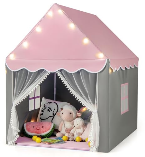 COSTWAY Kinderspielhaus mit Sternenlichter, Prinzessin Prinzess Kinderzelt mit Fenster & Matte, Spielzelt mit doppeltem Vorhang, Kinderspielzelt, Kinderspielburg für Jungen und Märchen (Rosa)