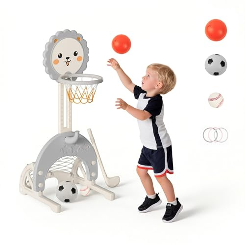 hoopyosms 3-in-1 Kinder Basketballkorb Set, Höhenverstellbarer Basketballständer mit Fußballtor und Ringwurf, Mini Basketballkorb, Kinder Spielgeräte für Indoor und Outdoor, Grau