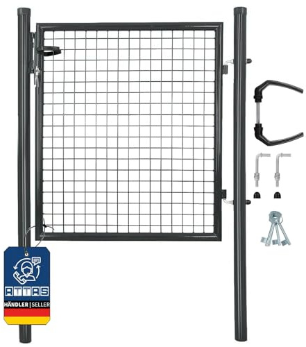 ATTAS Gartentor Metall | 100x100, anthranzit, inkl. Schloss und 3 Schlüssel abschließbar| Zauntür, Gartentür für Doppelstabmattenzaun Tor, Zauntor Metall, Hoftor, Rund