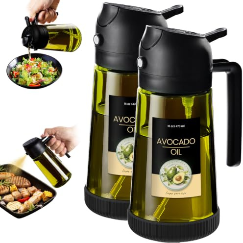 TrendPlain 16oz Ölsprüher für Speiseöl – 470ml Olivenöl Flasche – 2-in-1 Ölspender und Ölsprüher – Küchen Gadgets für Kochen, Salat und Grill (2 Schwarz - 1)