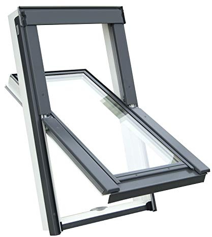 Kunststoff Dachfenster Balio Schwingfenster mit Eindeckrahmen und Rollo (Verdunkelungsrollo) 78x134 cm kompatibel zum Austauch alter Dachfenster 78x140cm