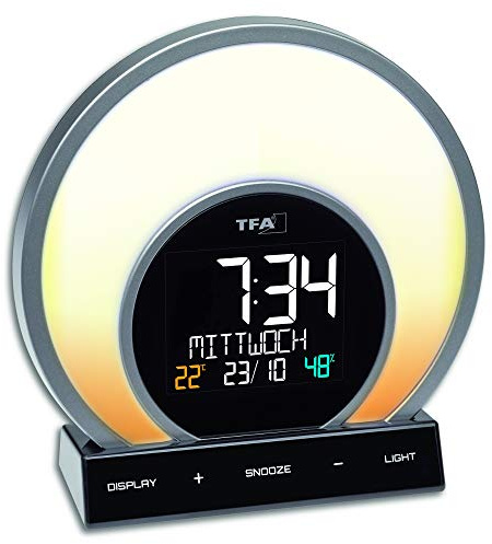 TFA Dostmann Digitaler Lichtwecker Soluna, 60.2026.01, mit Sonnenaufgang /Sonnenuntergangs Simulation, Wake Up Light, Meditationsmodus, Nachtlicht, Dimmbar, Weckfunktion mit Schlummerfunktion, schwarz