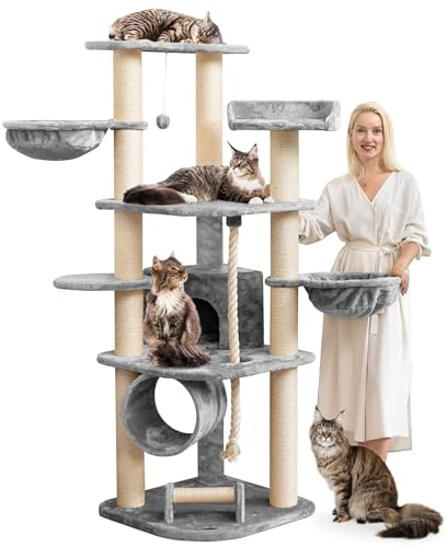 HAPPYPET Großer Kratzbaum Stabil 'Parker' 171 cm - 11 cm Stämme, Haus & Spieltunnel, Große Liegemulden, Kratzrolle, Kletterbaum XXL Katzenbaum für Katzen, Grau