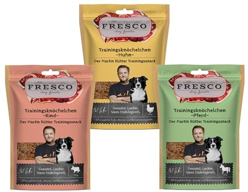 Fresco Martin Rütter Trainingsknöchelchen Probierpaket | je 1x Huhn, Rind & Pferd | 3 x 150 g | Natürlicher Monoproteinsnack | Leckerer Snack für Hunde | + Gratis Alpha Spirit Snack