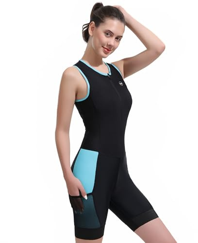 Eco-daily Damen Triathlon Anzug Einteile Gepolstert,äRmelloses Trisuit 3-in-1 Atmungsaktives Triathlonanzug für Radfahren,Schwimmen,Laufen(Blau,L)