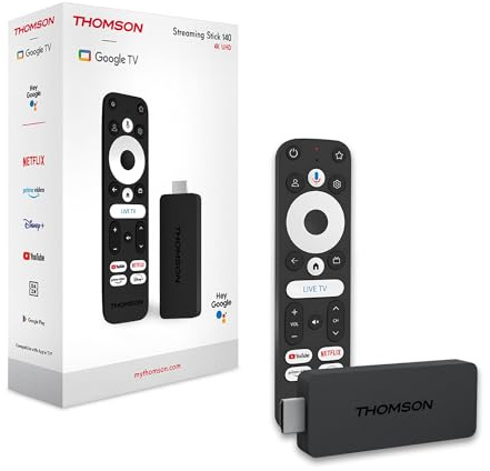 THOMSON Streaming Stick 140, Google TV, 4K UHD, Sprachsteuerung, Voice Control, Google Cast, Dolby Atmos, Dolby Digital Plus, Bluetooth 5.0, HDMI, HDR10, Wi Fi, 2 GB RAM, 8 GB Speicher