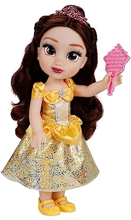 Disney Princess Belle Puppe 35cm, reflektierende Glitzeraugen, bewegliche Gelenke, ausziehbares Kleid, Schuhe, Krone, langes braunes Haar, für Mädchen ab 3 Jahren
