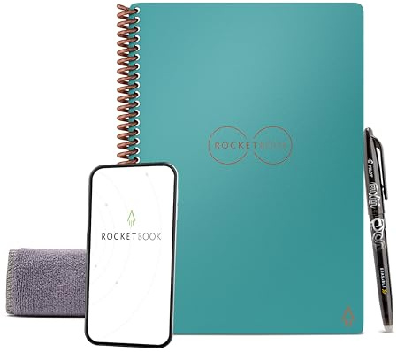 Rocketbook Core Wiederverwendbarer Collegeblock - Executive A5, Blaugrün, Punktraster, Inklusive Pilot FriXion Stift und Mikrofasertuch