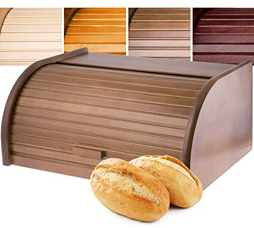 KADAX geräumiger Brotkasten aus hochqualitativem Holz, Brotbehälter mit Rolldeckel für längere frische, Brotbox mit Frontklappe, öko, Rollbrotkasten, Brotaufbewahrung (Braun)