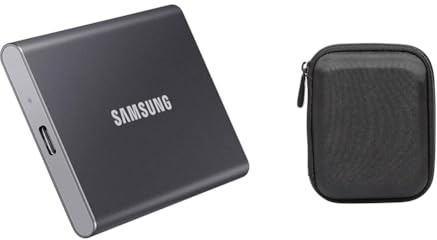 Samsung T7 Portable SSD - 1 TB - USB 3.2 Gen.2 Externe SSD Titan Gray (MU-PC1T0T/WW) + Amazon Basics Festplattentasche, schwarz