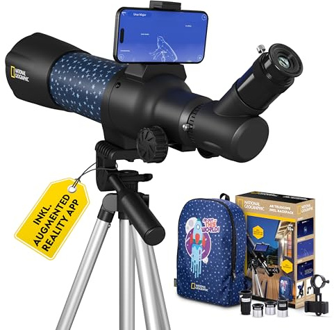 National Geographic smartes AR Kinderteleskop mit Stativ, Rucksack, Smartphonehalterung und Augmented-Reality-App