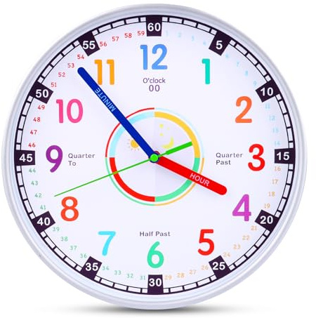 MXTIMWAN Kinderwanduhr ohne Tickgeräusche, analoge Kinderuhr zum Lernen der Uhrzeit, Bunte Lernuhr für Jungen und Mädchen, für Kinderzimmer, Küche, Wohnzimmer, Schlafzimmer, Büro