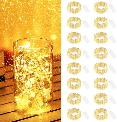 btfarm 16 Stück Lichterkette Batterie mit Klein,2M 20LED Mini Lichterketten | Silberdraht, Micro Draht, Batteriebetrieben, Wasserdichte, für Innen Weihnachten Hochzeit Party Geschenk Deko, WarmWeiß