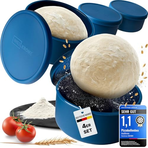 Inselkrone Pizzaballenbox mit Deckel, 4er Set, Blau, Teigbox | Pizzateig Box mit Deckel für bis zu 350g, Pizza Box aus löse-leichtem Silikon, platzsparende Gärbox, Pizza Ballenbox, Ø14cm