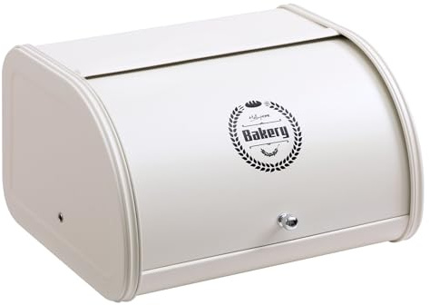 HollyHOME Brotkasten mit Edelstahlgehäuse, Metall-Brotkästen für die Küche, Brotaufbewahrungsbehälter mit aufrollbarem, einfach zu verstauendem Brotkastenhalterdeckel, Weiß