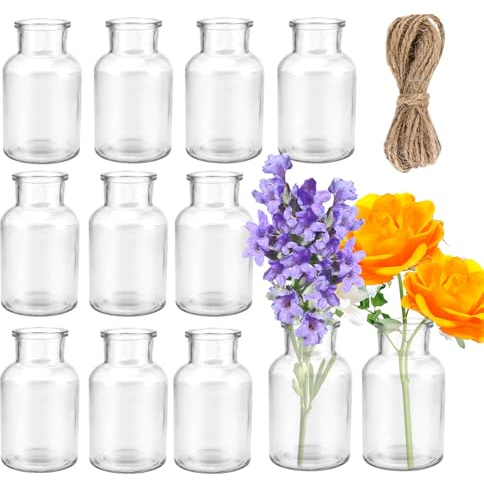 Kleine Glasvasen, Pack of 12 Mini Glass Vases, 125 ml, Jute Cord, Table Decoration, Birthdays, Festivals
