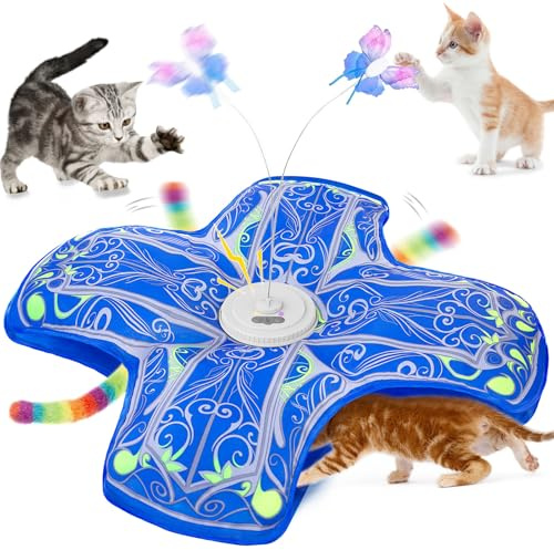 Qraxond Interaktives Katzenspielzeug für Wohnungskatzen, [Neu aufgewertet] Wiederaufladbar, berührungsaktiviertes Versteckspiel-Katzenspielzeug mit flatterndem Spielzeug (Blau)
