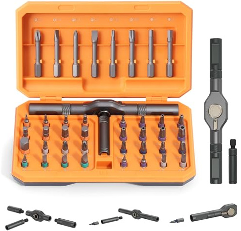 42 IN 1 Magnetischer Schraubendreher Set mit eingebaute hochpräzise Ratschenmechanismus verringert die Ermüdung der Hand, Abnehmbare Bohrerdesign, Ideal für enge Arbeitsbereiche, 40 Bits, Orange