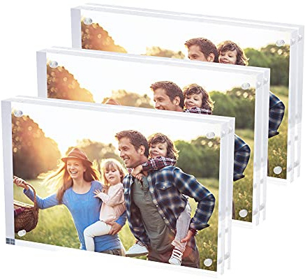 SimbaLux Magnetischer Acryl-Fotorahmen 10,2 x 15,2 cm Bilderrahmen (3-er Pack), wie Klarglas, doppelseitiges rahmenloses Abstellen auf Tisch oder Schrank, freistehend, leicht zu wechseln