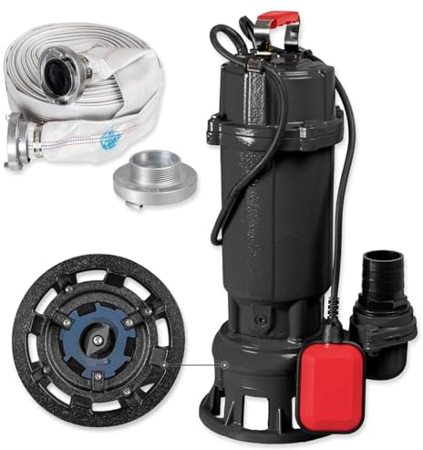 WALTER Schmutzwassertauchpumpe inkl. Schneidwerk, 20m C-Schlauch (1100W, 21.000l/h, Förderhöhe max. 15m, Anschlusskabel 8m, Thermoschutz) Fäkalienpumpe mit Zerkleinerer