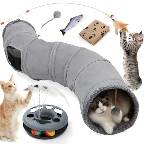 XIAPIA Katzentunnel Faltbar Katzenspielzeug, Katze Spieltunnel mit Ball, Interaktives Katzen Spielzeug Selbstbeschäftigung, Rascheltunnel für Kitten Hasen Kaninchen Meerschweinchen Indoor Outdoor