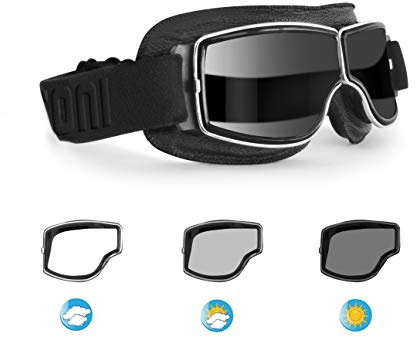 BERTONI Motorradbrille Schutzbrille für Harley Davidson Chopper und Scrambler aus schwarzem Leder und Chrom Rahmen mod. 188 (Selbsttönend Linse)