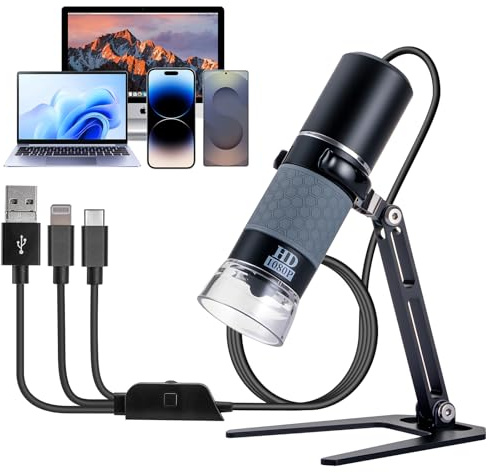 Cainda USB-Mikroskop für iPhone, Android, Handy, Tablet und Windows Mac PC | HD 1080P Kabelgebundene Digitalmikroskopkamera für Erwachsene und Kinder, 4-in-1-Anschluss, treiberfrei