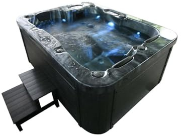 Home Deluxe - Outdoor Whirlpool - Black Marble Plus Treppe und Thermoabdeckung - Maße 210 x 160 x 85 cm - Inkl. Heizung, 27 Massagedüsen und 9 Lichtquellen I Außen Whirlpool Spa für 3 Personen