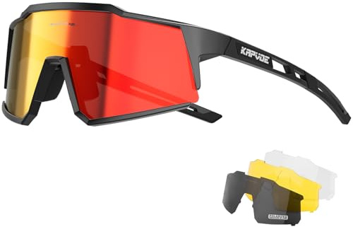 KAPVOE Polarisiert Fahrradbrille mit 4 wechselgläser TR90 Rahmen für Herren Damen Sport Radfahren MTB Sportsonnenbrille Radbrille Sportbrille Fahren Angeln Baseball Laufen rot Schwarz 01