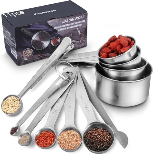 HAUSPROFI Edelstahl Messbecher und Löffel mit Messlineal, Scoop mit Clip, 4 Messbecher & 5 schmalgenaue Messlöffel & 1 Messlineal (Richtmaschine) & 1 scop mit clip, 11er-Set