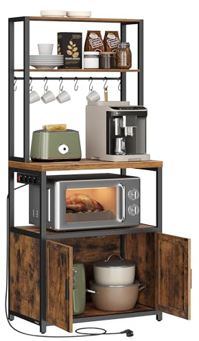 VASAGLE Küchenregal mit Steckdosen, Küchenschrank, 90 cm hoher Arbeitsplatte, Standregal mit 8 Haken, 40 x 60 x 170 cm, vintagebraun-tintenschwarz KKS058K02