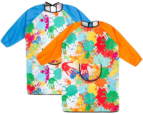 Camptrip 2 Stück Malschürze Kinder, Wasserdicht Malerkittel mit Tasche | Einstellbar Bastelschürze, Lange Ärmel mit Taschen für 3-12 Jahre, Bastelschürze für Schule Kunst Malerei Backen Kochen