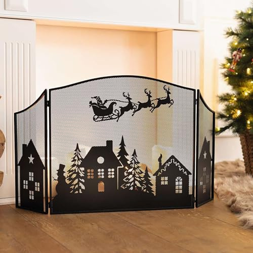 Dekoleidenschaft Kaminschutzgitter Weihnachten 3 TLG. Funkenschutz aus Metall, schwarz, mit Weihnachts-Motiv, Funkenschutzgitter freistehend
