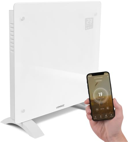 Vonroc Elektroheizung energiesparend 1000W - Konvektor Heizung [12qm Räume] | Mobile Elektrische Heizung [App/Touch Steuerung] - Heizkörper 2in1 Wand-/Bodenmontage - Weiss