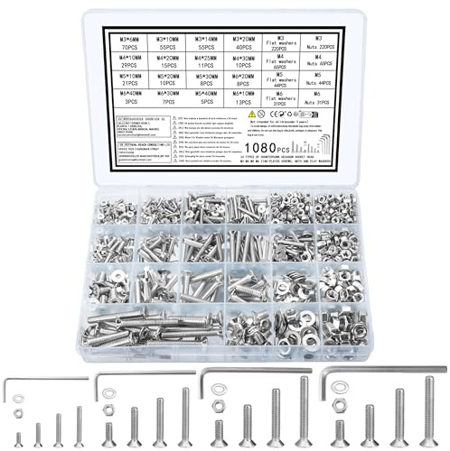 zrfgbxim 1080 Senkkopfschrauben Muttern Set,M3 M4 M5 M6 Schrauben Set,Flachkopfschrauben Innensechskant Schrauben und Muttern Set mit Unterlegscheiben, Maschinenschrauben Sortiment, Gewindeschrauben