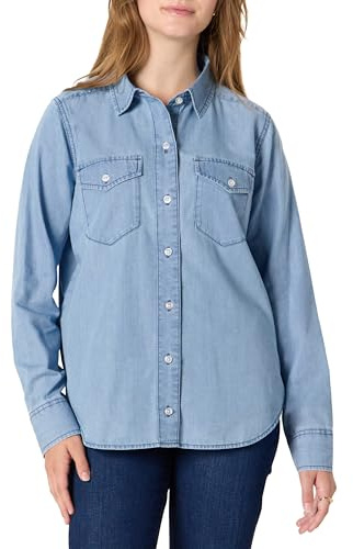 Amazon Essentials Damen Relaxed-Fit Langärmliges Jeanshemd Denim-Chambray Bluse mit Knopfleiste
