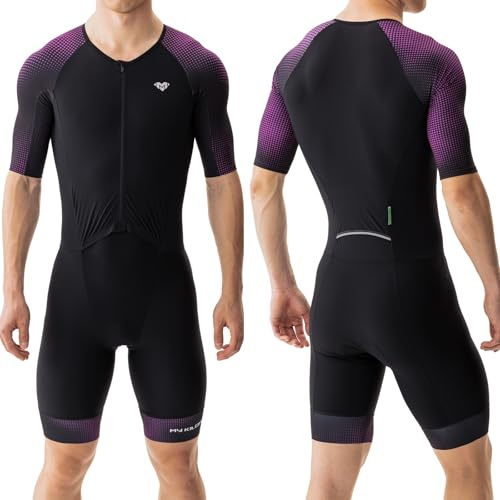 MY KILOMETRE Herren Triathlon Anzug – Einteiler Kurzarm Trisuit Schnelltrocknend Atmungsaktiv mit Rückentasche für Rennen und Training （Lila XXL）