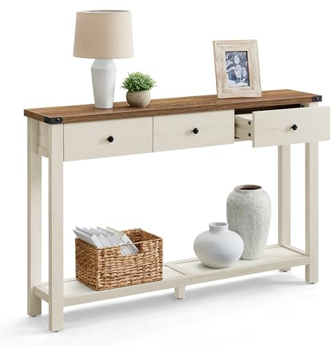 VASAGLE Konsolentisch, Beistelltisch, schmaler Sofatisch, mit 3 Schubladen und Einer Ablage, für Flur, Wohnzimmer, Landhausstil, honigbraun-vintageweiß LNT142WJ01