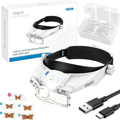 eSynic Kopfbandlupe Kopf Lupenbrille Lupenbrille Headset mit 2-Stufen LED-Licht Upgrade-Kopf Lupe 5 Linsen 8X Lupe Freihändige Aufladbar mit Batterieanzeige für Basteln Lesen Naharbeit