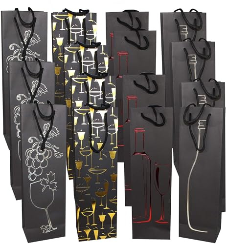 MATANA 15 Geschenktüten für Weinflaschen zu Weihnachten - hochwertiges Papier mit verstärkten Henkeln - 4 Designs, Geschenk für Geburtstage & Hochzeitsjubiläen