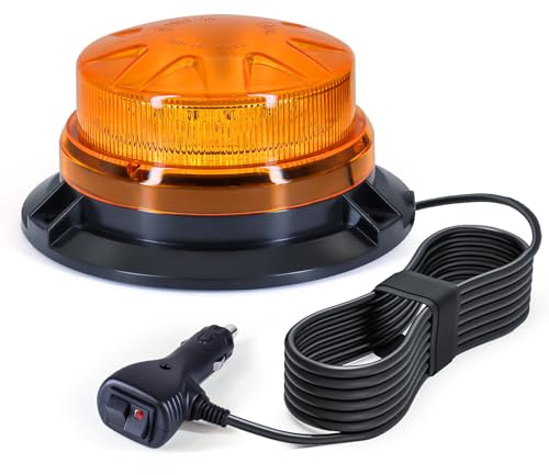 AnTom LED Rundumleuchte Gelb 12V 24V mit Magnetfuß, 10 Blitzmuster Warnleuchte mit 3m Spiralkabel und Zigarettenanzünder-Stecker für Traktor LKW Gabelstapler Baufahrzeug Winterdienst, IP67 ECE R65