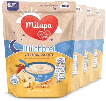 Milupa Milchbrei Vollkorn Früchte – Babybrei ohne Palmöl – Frei von Konservierungs- und Farbstoffen – Ab dem 6. Monat – 4 x 400 g