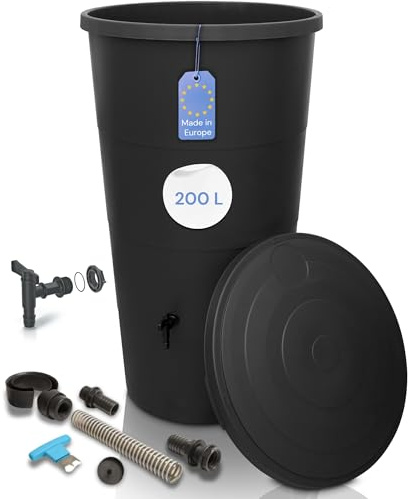 YourCasa Regentonne 200 Liter [inkl. Anschlusset & Bohrer] Regenfass Wetterfest aus Kunststoff mit Wasserhahn - Regenwassertonne - Wasserfass Regenwassertank Wassertonne für Garten (Anthrazit, 200L)