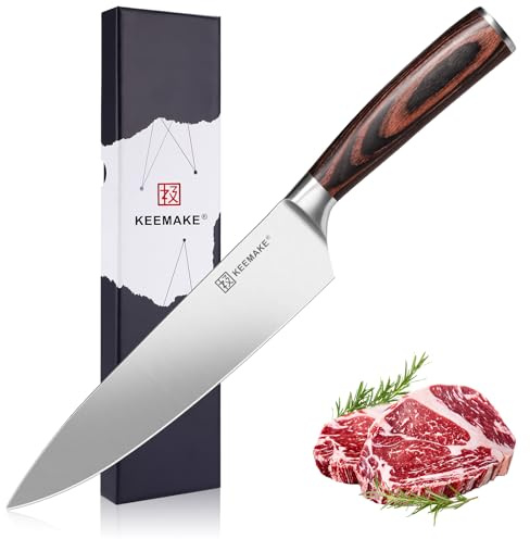 KEEMAKE Profi Kochmesser 20 cm - Extrem Scharfes Küchenmesser aus Edelstahl mit Ergonomischem Pakkaholz-Griff - Vielseitiges Fleischmesser & Allzweckmesser für Küche, BBQ & Outdoor, Vatertagsgeschenk