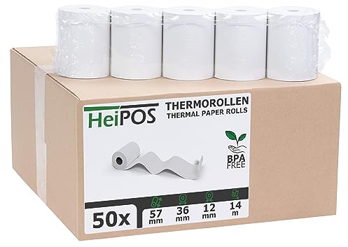 HeiGroup HeiPOS 50x Thermorollen 57mm x 14m x 12mm (Ø 36mm) - Kassenrollen für Ingenico, Verifone, Telecash & EC-Terminals - BPA-frei - 40% mehr Kapazität