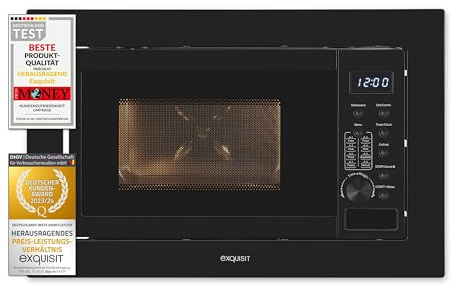 Exquisit Einbaumikrowelle mit Grill, 800 W, 20 L, Schwarz | Einbaumaße 56 x 36,2 x 32,5 cm - Edelstahl-Garraum - 8 Autokochprogramme - Kombibetrieb - 27 cm Drehteller